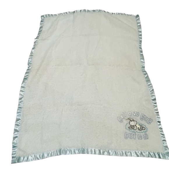 VTG Baby Blanket Blue Satin Trim SNUG AS A BUG IN A RUG 100% Acrylic Embroidered - Picture 2 of 6